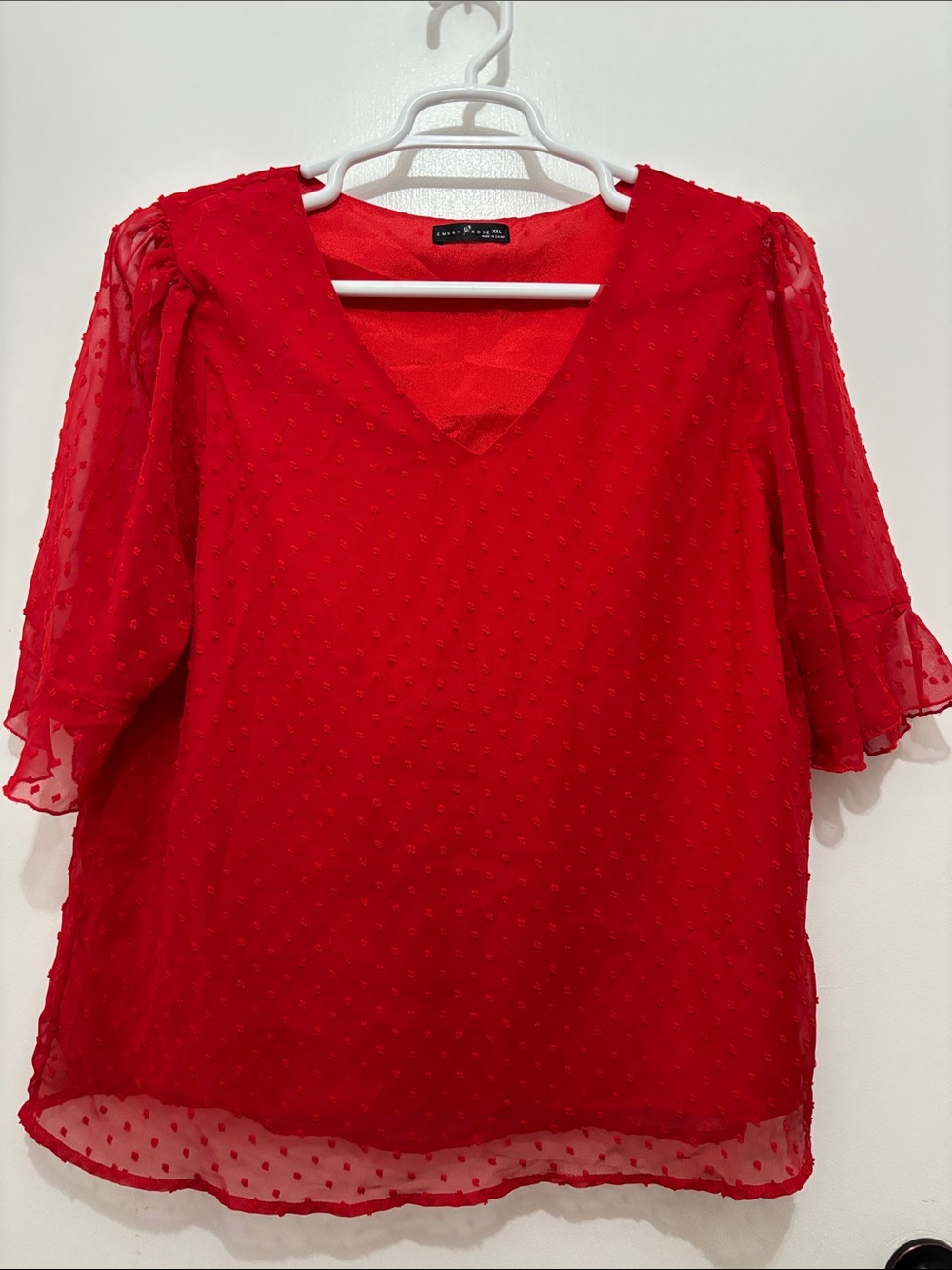 Red Swiss Dot V-Neck Puff Sleeve Blouse by Emery Rose XXL